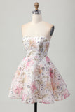 Sprankelende A-lijn strapless korte homecoming-jurk met bloemen en pailletten
