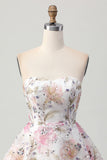 Sprankelende A-lijn strapless korte homecoming-jurk met bloemen en pailletten