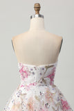 Sprankelende A-lijn strapless korte homecoming-jurk met bloemen en pailletten
