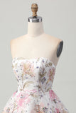 Sprankelende A-lijn strapless korte homecoming-jurk met bloemen en pailletten