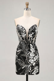 Sprankelende zwarte bodycon pailletten korte homecoming jurk met kralen