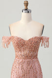 Stoffige Roos Bodycon Off The Shoulder Korset Korte Homecoming Jurk met Kralen