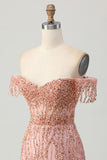 Stoffige Roos Bodycon Off The Shoulder Korset Korte Homecoming Jurk met Kralen