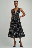 A Line Chiffon V-hals Zwart Witte Stippen Jurk