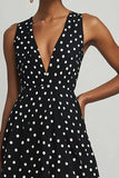 A Line Chiffon V-hals Zwart Witte Stippen Jurk