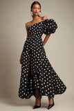 One Shoulder A Line Zwart Witte Stippen Jurk