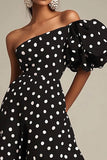 One Shoulder A Line Zwart Witte Stippen Jurk