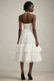 Halter A-lijn Ruffle Wit Zwart Stippen Jurk