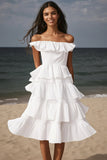 Ivoorkleurige off-shoulder midi-verlovingsjurk met ruches
