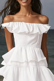 Ivoorkleurige off-shoulder midi-verlovingsjurk met ruches