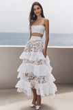 Ivoorkleurige strapless kanten midi-verlovingsjurk met ruches