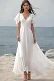 Ivoorkleurige chiffon V-hals lange verlovingsjurk met korte mouwen