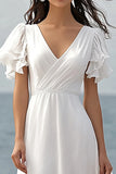 Ivoorkleurige chiffon V-hals lange verlovingsjurk met korte mouwen