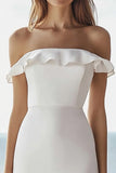 Ivoorkleurige off-shoulder eenvoudige midi-verlovingsjurk met ruches