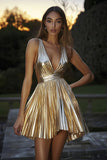 Metallic gouden korte A-lijn cocktailjurk met plooien