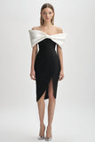 Ivoor en zwarte off-shoulder bodycon cocktailjurk met split