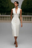 Ivoorkleurige crêpe piek revers bodycon werkjurk