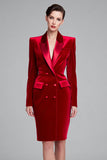 Rood fluwelen bodycon Peak revers midi werkjurk