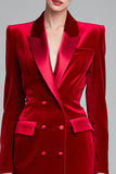 Rood fluwelen bodycon Peak revers midi werkjurk