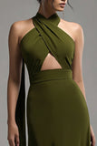 Halter Olijf Chiffon A Line Geplooide Formele Jurk