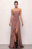 Strapless Blush Backless Lange Avondjurk Met Ruches en Split