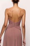 Strapless Blush Backless Lange Avondjurk Met Ruches en Split