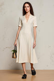 Ivoorkleurige A-lijn V-hals Midi Wedding Guest Dress met mouwen