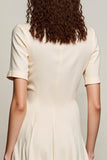 Ivoorkleurige A-lijn V-hals Midi Wedding Guest Dress met mouwen