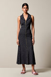 Zwarte Polka Dot Lange Chiffon Bruiloft Gast Jurk