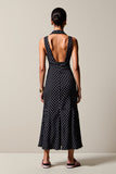 Zwarte Polka Dot Lange Chiffon Bruiloft Gast Jurk