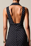 Zwarte Polka Dot Lange Chiffon Bruiloft Gast Jurk