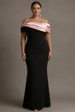 Zwarte en Roze Zeemeermin Off The Shoulder Satijn Lange Plusmaat Avondjurk