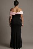 Zwarte en Roze Zeemeermin Off The Shoulder Satijn Lange Plusmaat Avondjurk