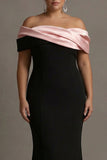 Zwarte en Roze Zeemeermin Off The Shoulder Satijn Lange Plusmaat Avondjurk