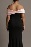 Zwarte en Roze Zeemeermin Off The Shoulder Satijn Lange Plusmaat Avondjurk