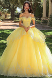 Gele baljurk geappliqueerde tule lange Quinceanera jurk met ruches