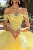 Gele baljurk geappliqueerde tule lange Quinceanera jurk met ruches