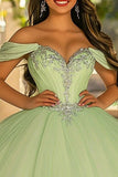 Glitter Lichtgroene Baljurk Lange Tule Quinceanera Jurk met Appliques