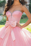 Sprankelende roze baljurk tule sweetheart lange Quinceanera jurk met strik