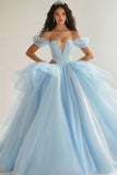 Hemelsblauwe baljurk prinses Glitter lange tule Quinceanera jurk met ruches