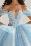 Hemelsblauwe baljurk prinses Glitter lange tule Quinceanera jurk met ruches