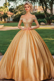 Glitter gouden baljurk van de schouder prinses lange Quinceanera-jurk met applicaties