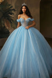 Hemelsblauwe Glitter Korset Baljurk Lange Prinses Quinceanera Jurk met Ruches