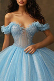 Hemelsblauwe Glitter Korset Baljurk Lange Prinses Quinceanera Jurk met Ruches