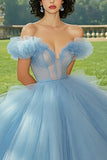 Hemelsblauwe baljurk prinses tule lange Quinceanera jurk met ruches