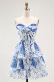 Strapless witblauw bloemenkorset A-lijn gelaagde ruches voor thuiskomst
