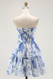 Strapless witblauw bloemenkorset A-lijn gelaagde ruches voor thuiskomst
