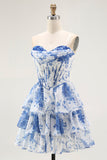 Strapless witblauw bloemenkorset A-lijn gelaagde ruches voor thuiskomst