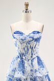 Strapless witblauw bloemenkorset A-lijn gelaagde ruches voor thuiskomst