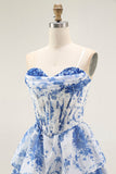 Strapless witblauw bloemenkorset A-lijn gelaagde ruches voor thuiskomst